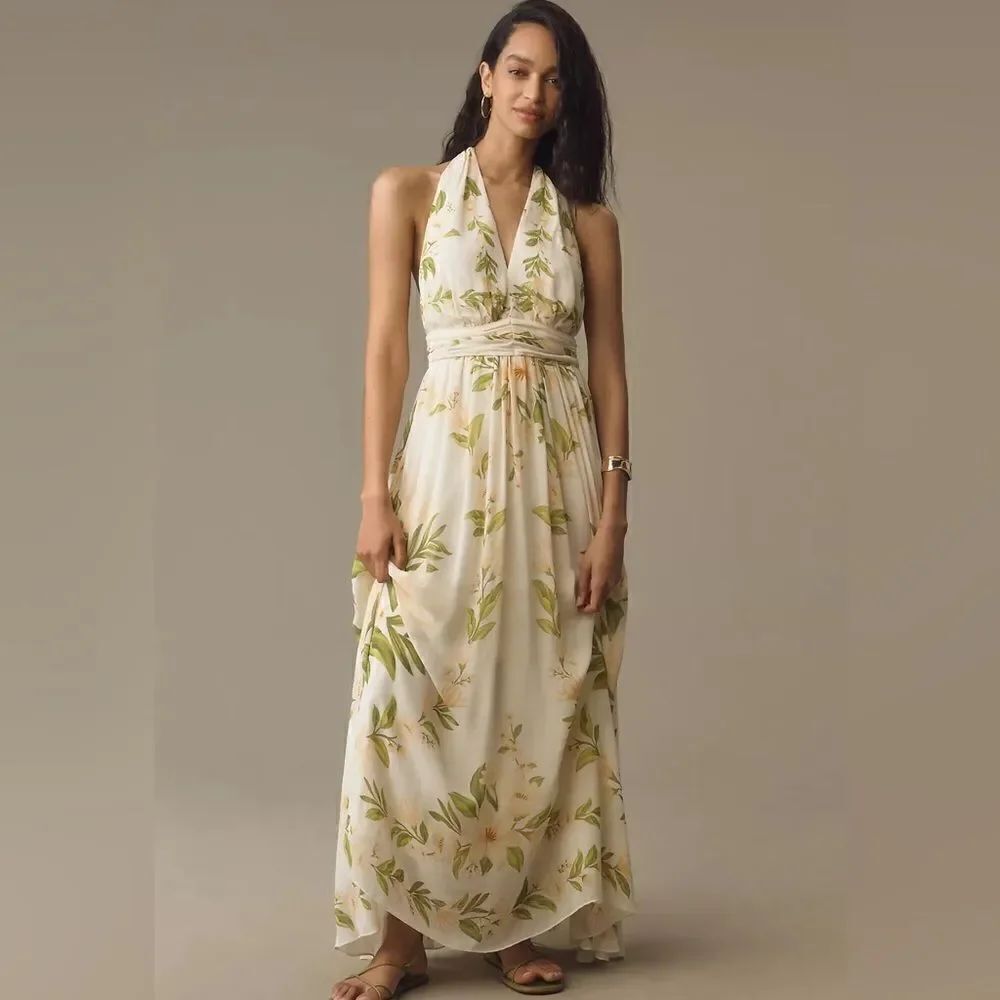 Anthropologie FARM Rio V-Neck Chiffon Floral Maxi Dress NWT